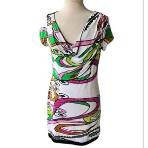 Analili artsy colorful shift dress asymmetrical cowl neckline Size L